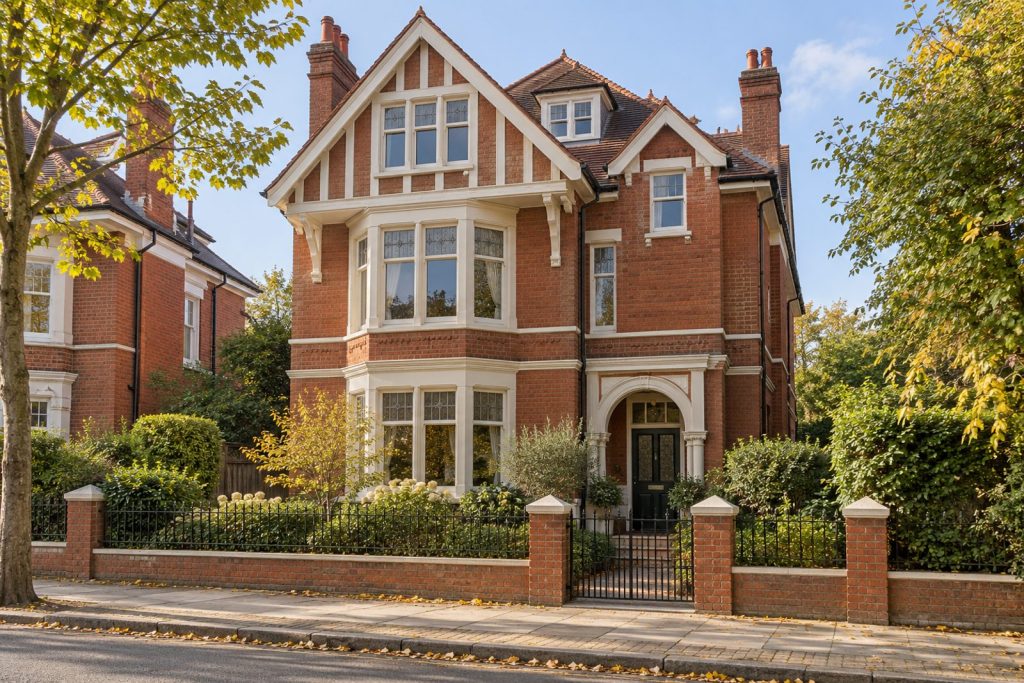 Front exterior, eye-level view of the building and its entrance - 3-bedroom flat in Putney