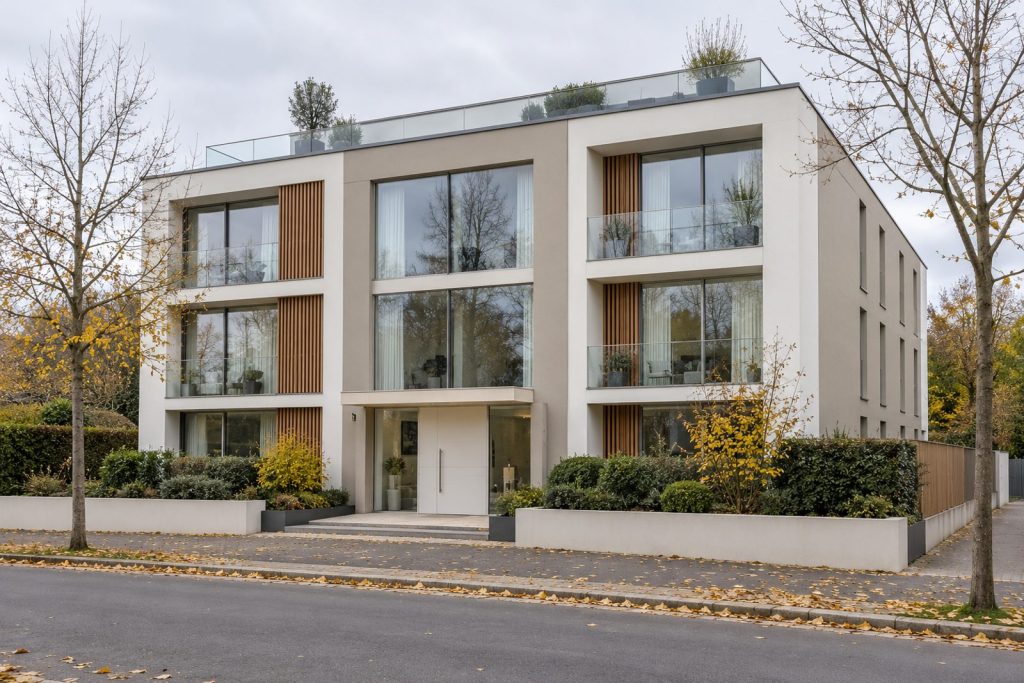 Front exterior, eye-level view of the building and its entrance - 2-bedroom flat in Clapham