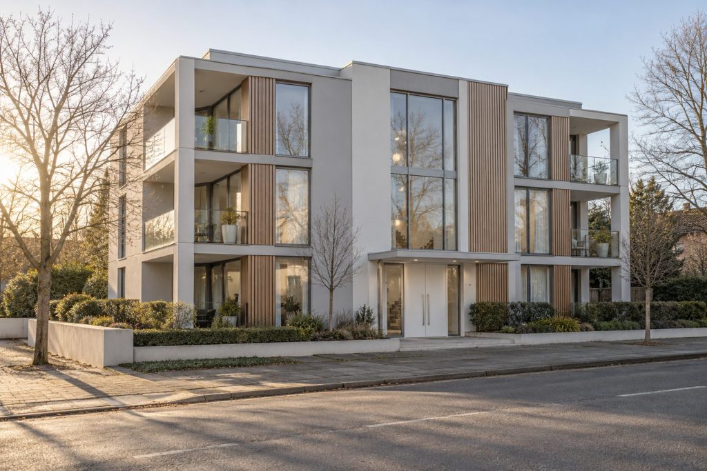 Front exterior, eye-level view of the building and its entrance - 2-bedroom flat in Battersea