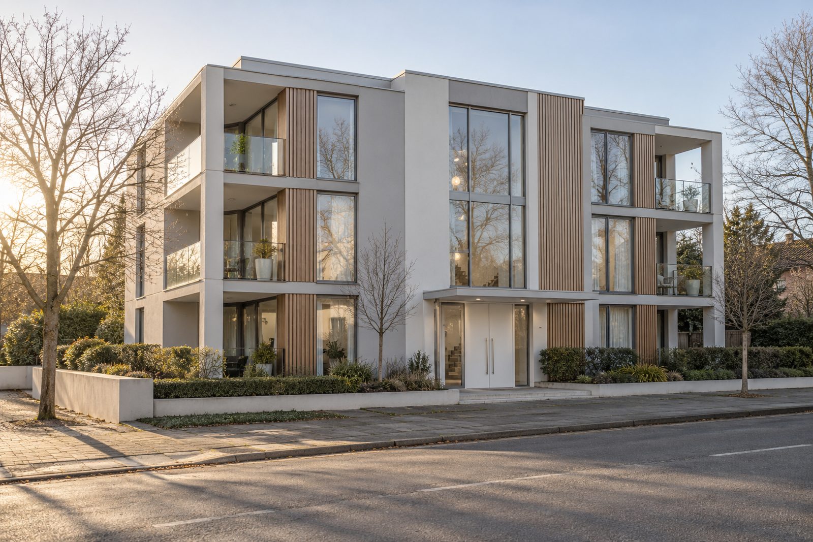 Front exterior, eye-level view of the building and its entrance - 2-bedroom flat in Battersea