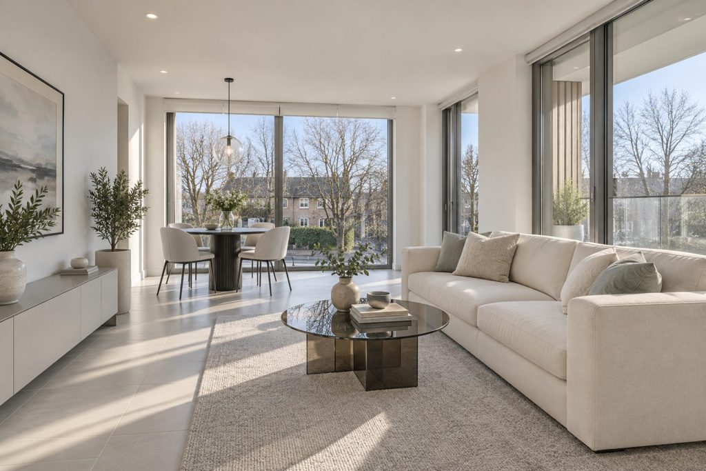 Living room, wide view from the doorway - 2-bedroom flat in Battersea