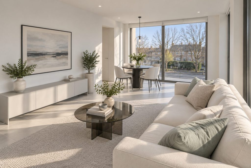 Living room, view toward the window - 2-bedroom flat in Battersea