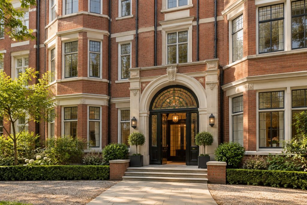 Front exterior, eye-level view of the building and its entrance - 2-bedroom flat in Battersea