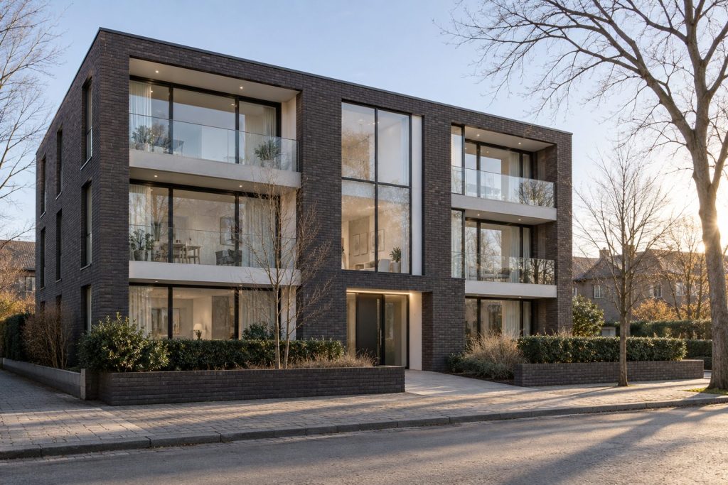 Front exterior, eye-level view of the building and its entrance - 3-bedroom flat in Fulham