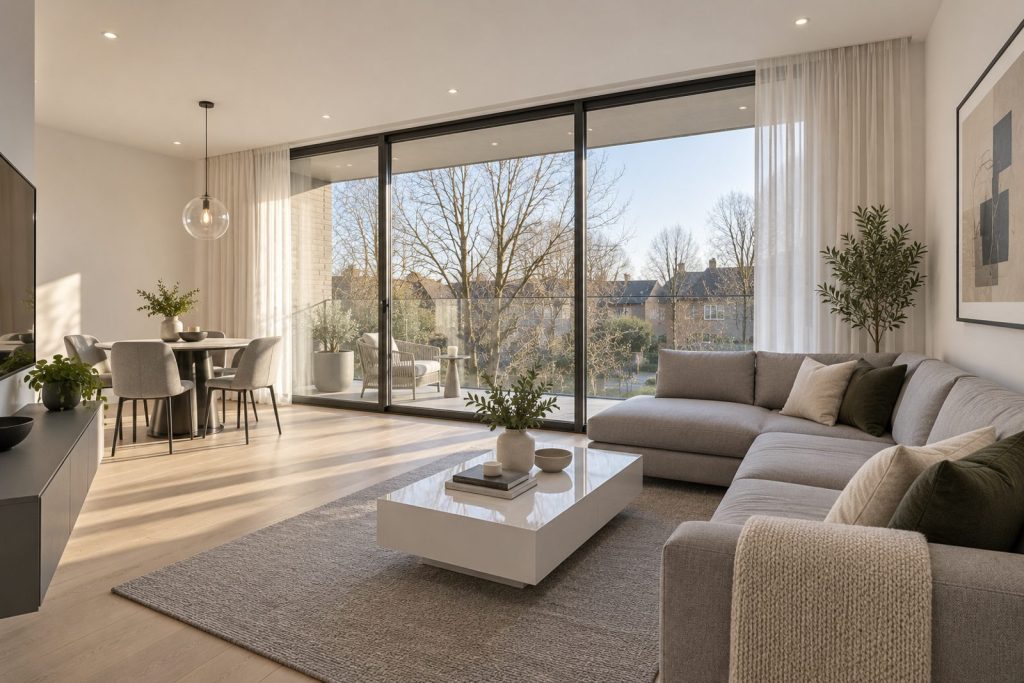 Living room, wide view from the doorway - 3-bedroom flat in Fulham