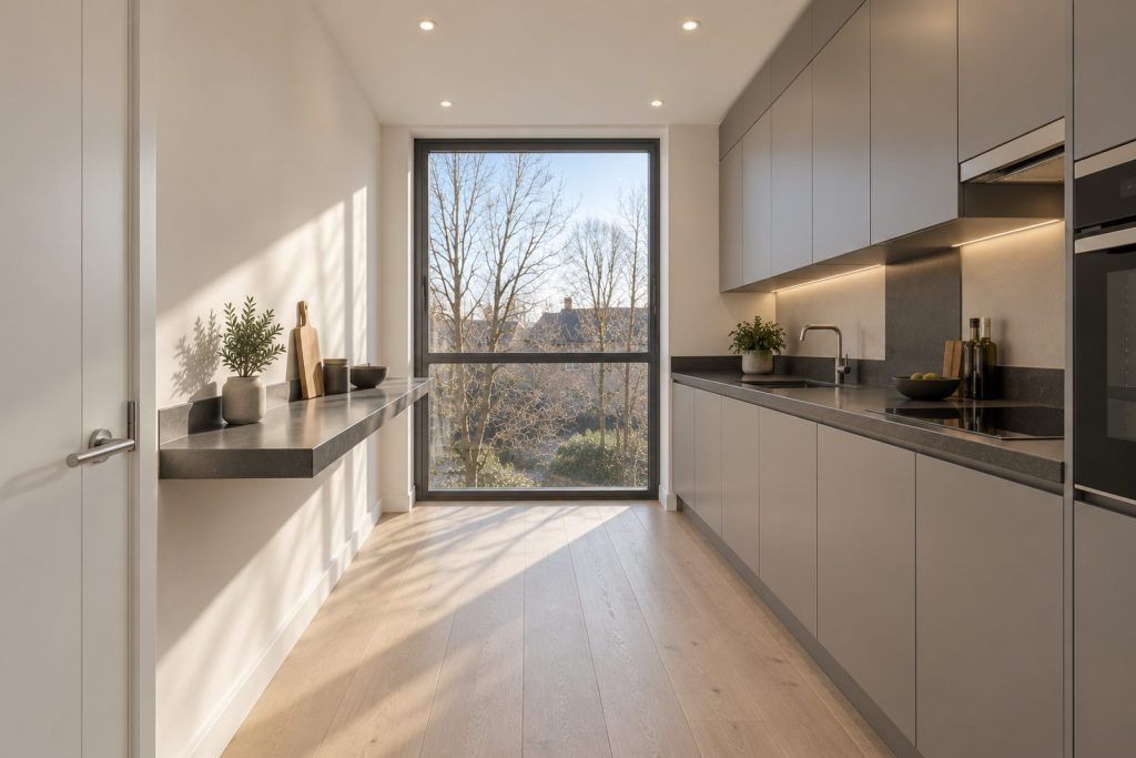 Kitchen, wide view from the doorway - 3-bedroom flat in Fulham