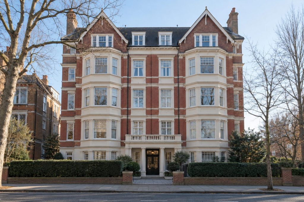 Front exterior, eye-level view of the building and its entrance - 3-bedroom flat in Brixton