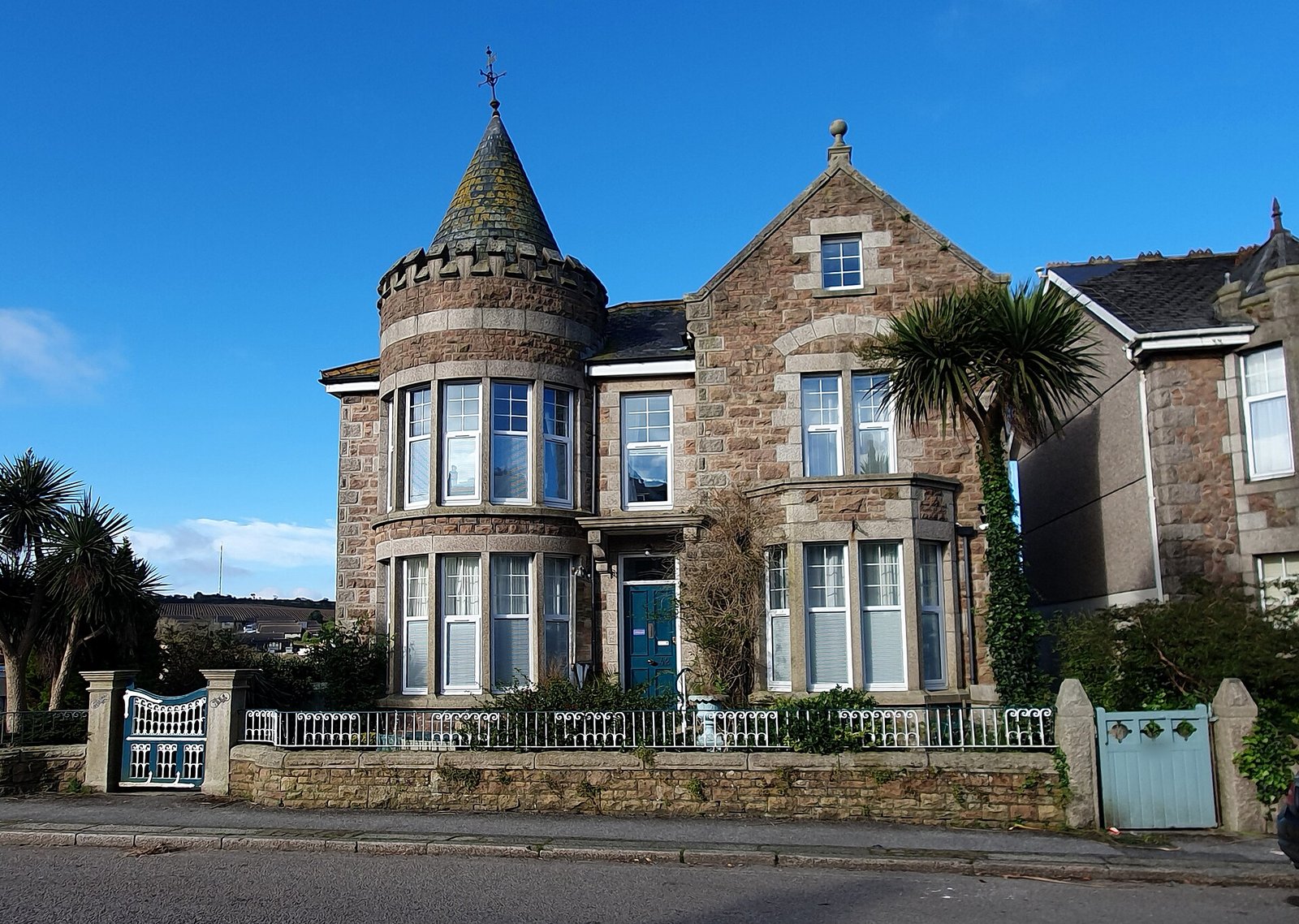 Victorian granite detached villa with corner turret and bay windows, Cornwall
