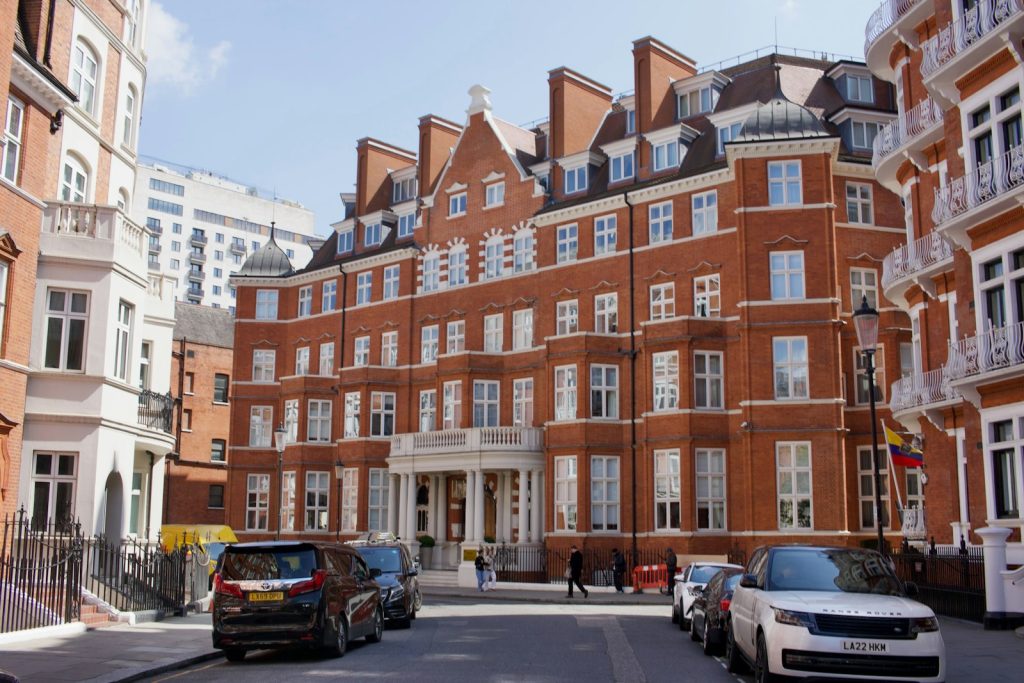 A low-rise brick apartment block