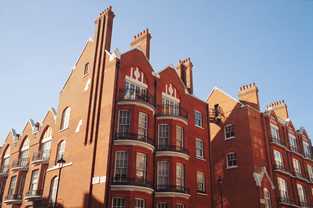 A low-rise brick apartment block