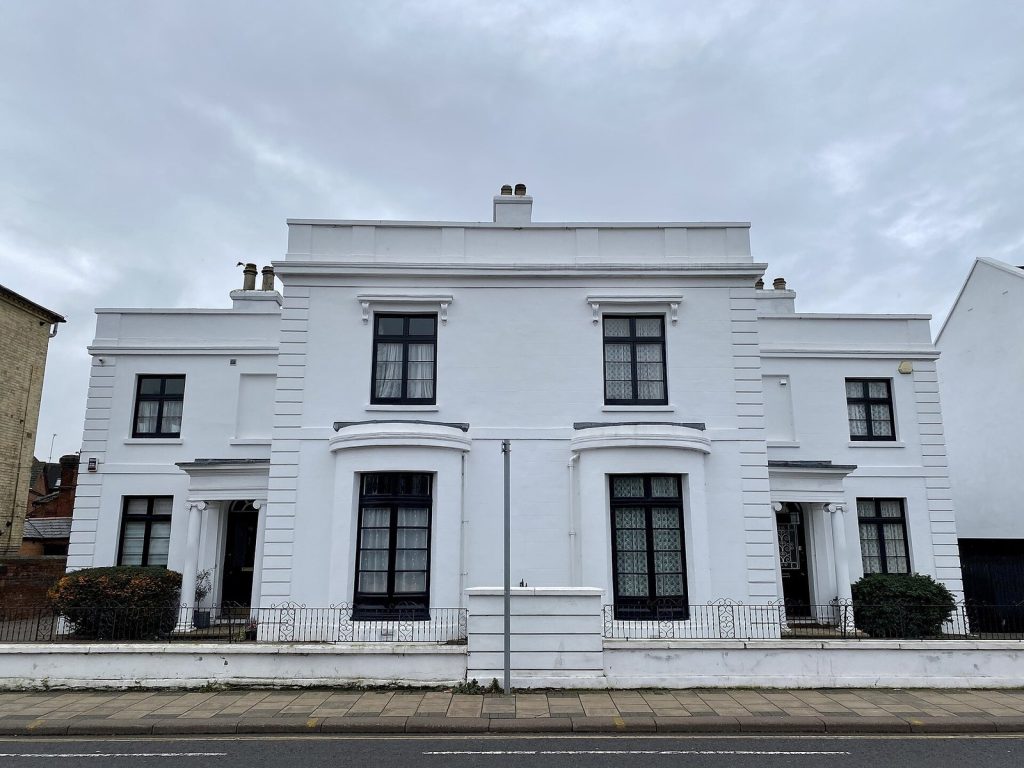 White rendered Georgian-style semi-detached pair, Bedford