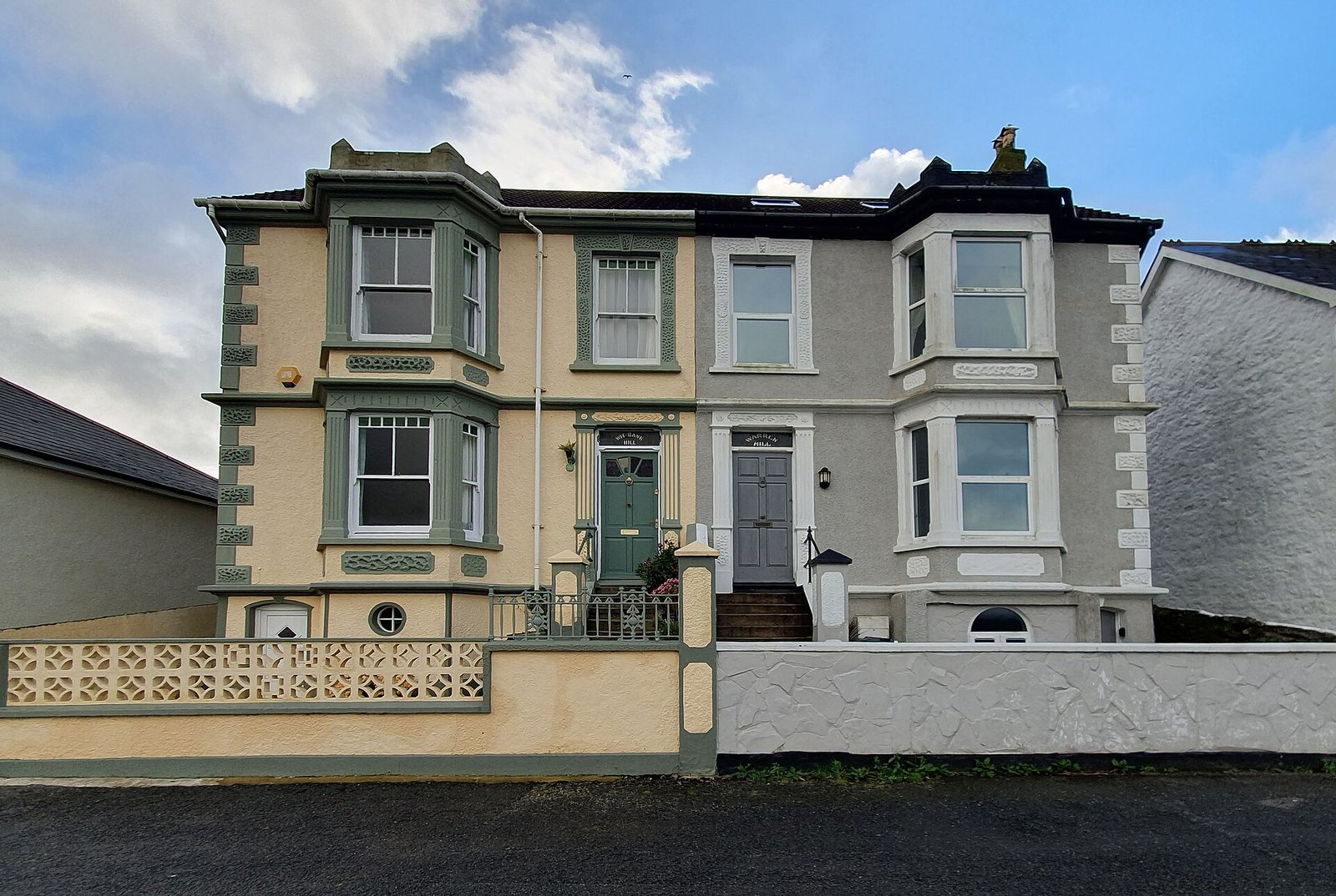 Victorian semi-detached pair with bay windows and painted render, Camborne, Cornwall