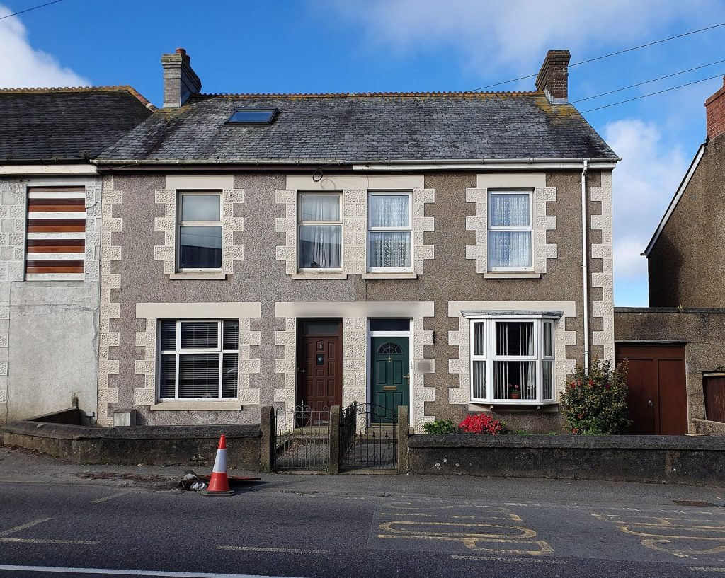 Victorian semi-detached pair with granite-trim render and slate roof, Redruth, Cornwall