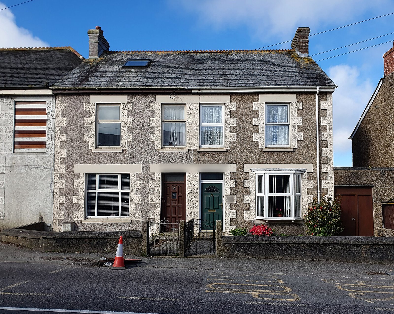 Victorian semi-detached pair with granite-trim render and slate roof, Redruth, Cornwall